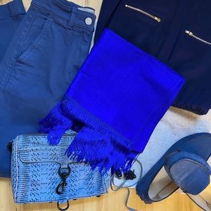 Deep blue silk scarf / wrap with fringe